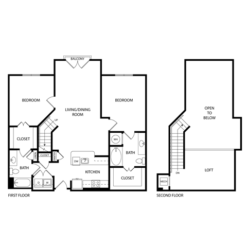 Floor plan for 2 beds, 2 baths, 1370 sqft