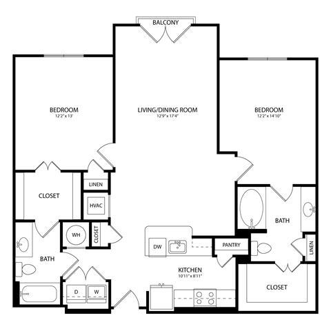 Floor plan for 2 beds, 2 baths, 1199 sqft