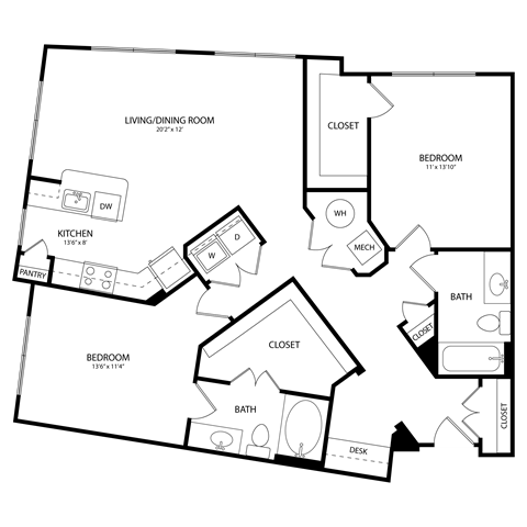 Floor plan for 2 beds, 2 baths, 1236 sqft