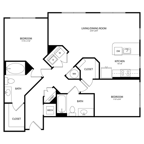 Floor plan for 2 beds, 2 baths, 1038 sqft