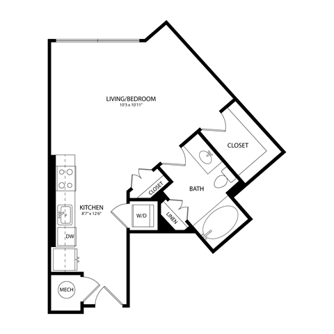 Floor plan for studio, 1 bath, 534 sqft
