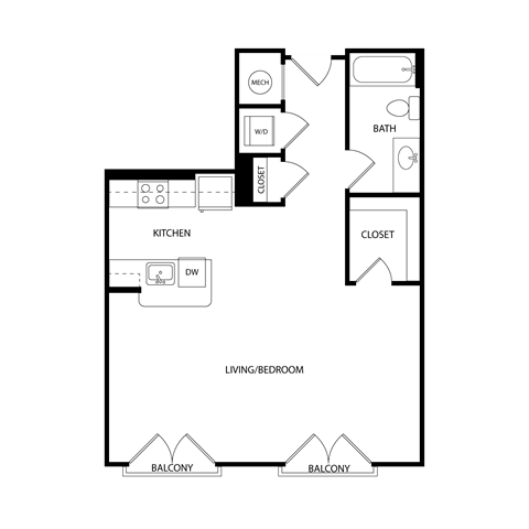 Floor plan for studio, 1 bath, 662 sqft