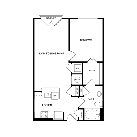 Floor plan for 1 bed, 1 bath, 700 sqft