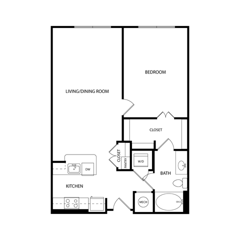 Floor plan for 1 bed, 1 bath, 779 sqft