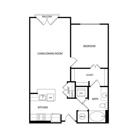 Floor plan for 1 bed, 1 bath, 743 sqft