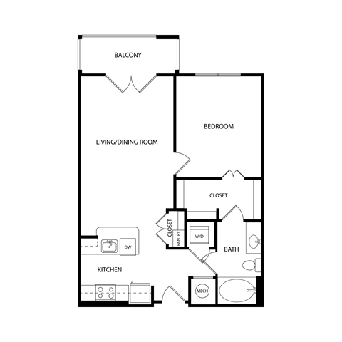 Floor plan for 1 bed, 1 bath, 718 sqft