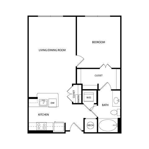 Floor plan for 1 bed, 1 bath, 718 sqft