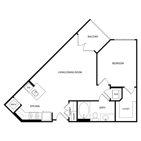 Floor plan for 1 bed, 1 bath, 714 sqft