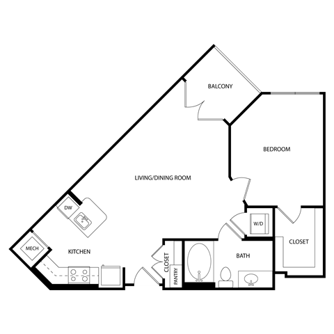 Floor plan for 1 bed, 1 bath, 704 sqft