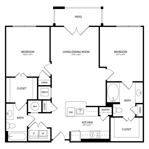 Floor plan for 2 beds, 2 baths, 1078 sqft