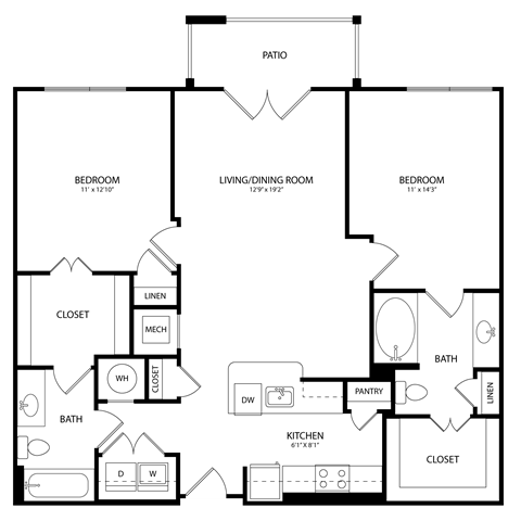 Floor plan for 2 beds, 2 baths, 1170 sqft
