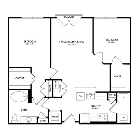 Floor plan for 2 beds, 1 bath, 982 sqft