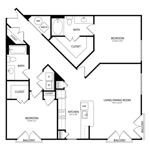 Floor plan for 2 beds, 2 baths, 1344 sqft