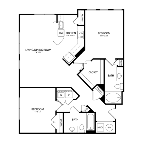 Floor plan for 2 beds, 2 baths, 1142 sqft