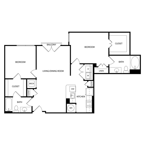 Floor plan for 2 beds, 2 baths, 1063 sqft
