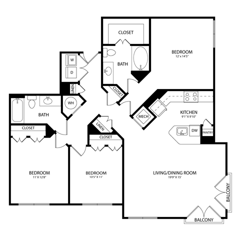Floor plan for 3 beds, 2 baths, 1352 sqft