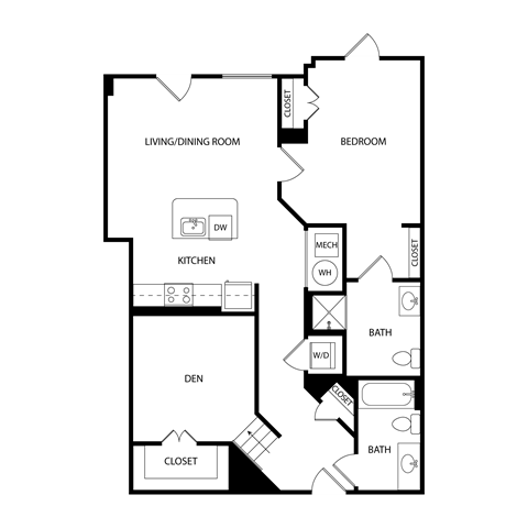 Floor plan for 1 bed, 2 baths, 1027 sqft
