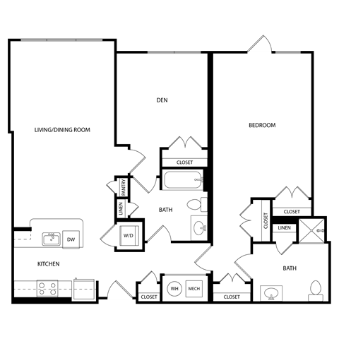 Floor plan for 1 bed, 2 baths, 1160 sqft