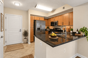 Arlington apartment for rent - A kitchen with a black countertop and wooden cabinets.