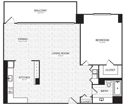 Floor plan for 1 bed, 1 bath, 960 sqft