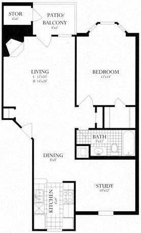 Floor plan for 1 bed, 1 bath, 792 sqft