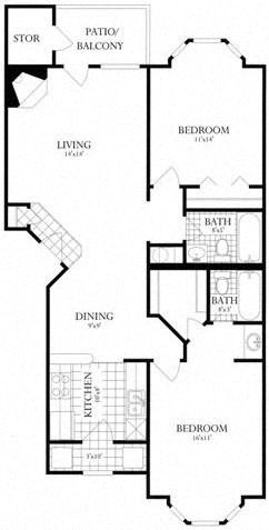Floor plan for 2 beds, 2 baths, 985 sqft