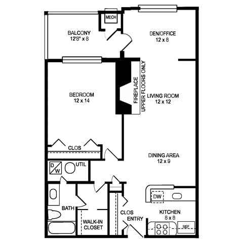 Floor plan for 1 bed, 1 bath, 874 sqft