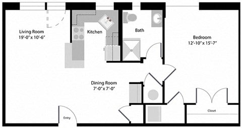 Floor plan for 1 bed, 1 bath, 760 sqft
