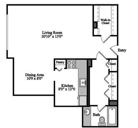 Floor plan for studio, 1 bath, 672 sqft