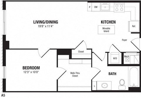 Floor plan for 1 bed, 1 bath, 732 sqft