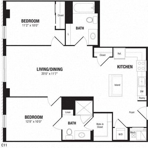 Floor plan for 1 bed, 2 baths, 966 sqft