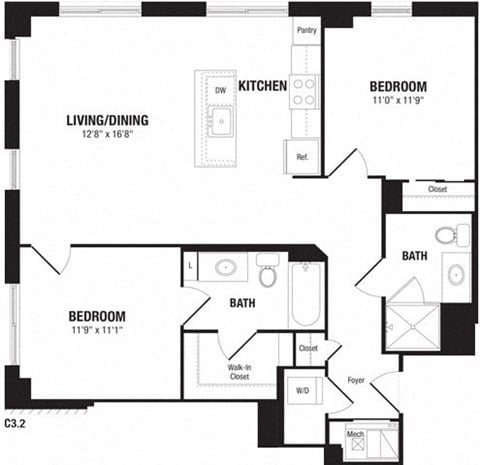 Floor plan for 2 beds, 2 baths, 997 sqft