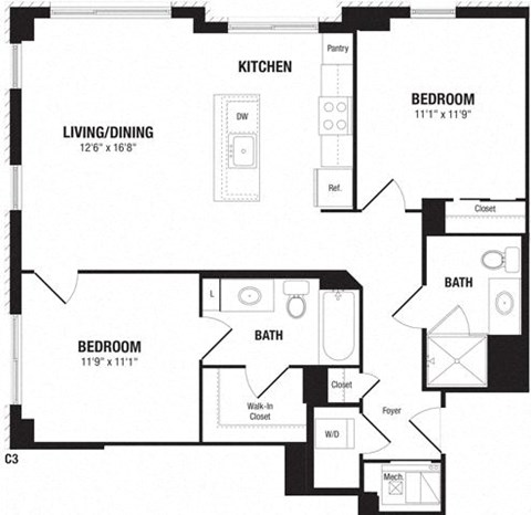 Floor plan for 2 beds, 2 baths, 997 sqft