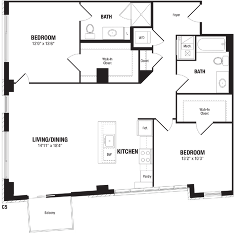 Floor plan for 2 beds, 2 baths, 1221 sqft