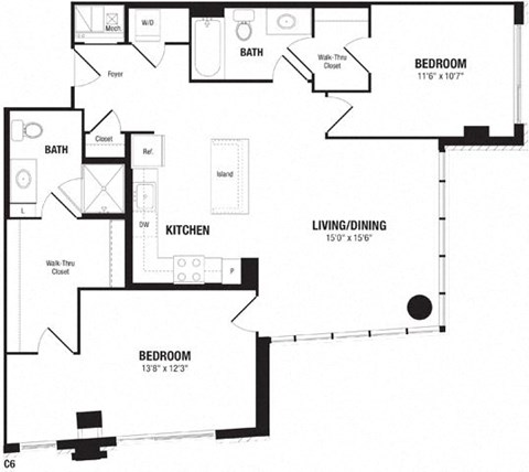 Floor plan for 2 beds, 2 baths, 1132 sqft