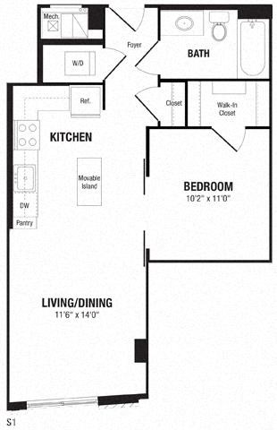 Floor plan for studio, 1 bath, 627 sqft