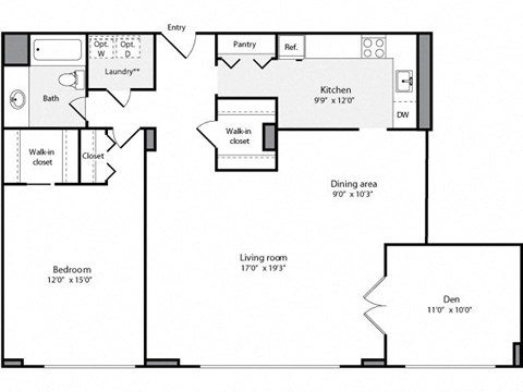 Floor plan for 1 bed, 1 bath, 1184 sqft