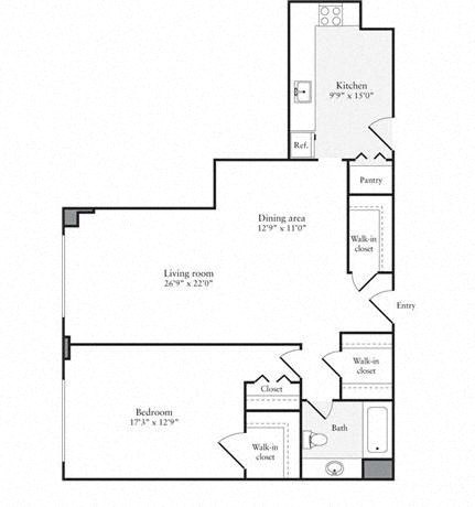 Floor plan for 1 bed, 1 bath, 871 sqft