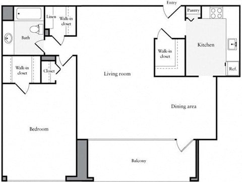 Floor plan for 1 bed, 1 bath, 912 sqft