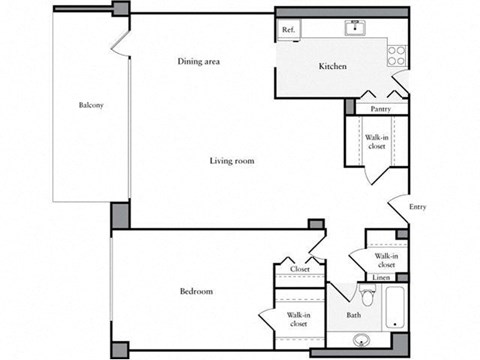 Floor plan for 1 bed, 1 bath, 938 sqft
