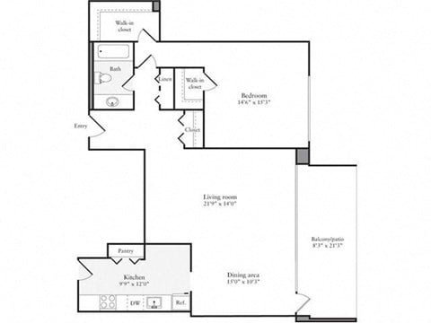 Floor plan for 1 bed, 1 bath, 972 sqft