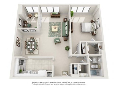 Floor plan for 1 bed, 1 bath, 975 sqft