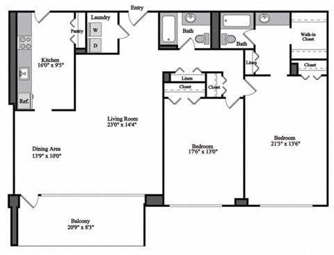 Floor plan for 2 beds, 2 baths, 1310 sqft
