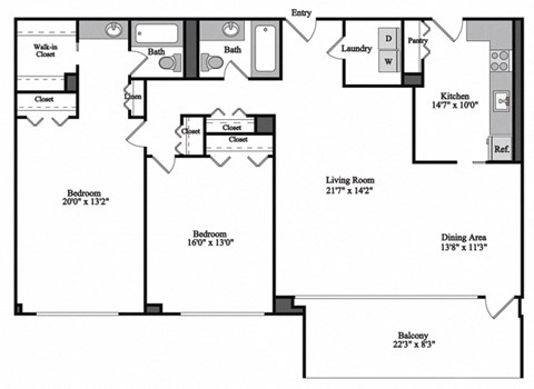 Floor plan for 2 beds, 2 baths, 1323 sqft