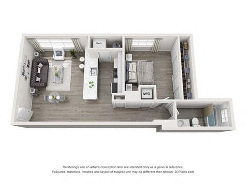 Floor plan for 1 bed, 1 bath, 594 sqft