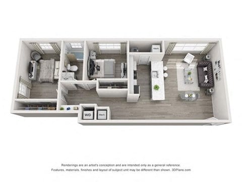 Floor plan for 2 beds, 1 bath, 829 sqft