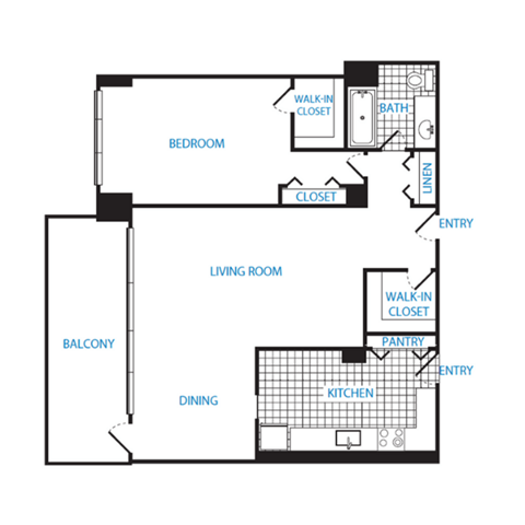 Floor plan for 1 bed, 1 bath, 966 sqft