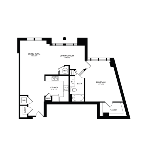 Floor plan for 1 bed, 1 bath, 923 sqft