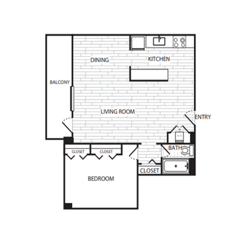 Floor plan for 1 bed, 1 bath, 986 sqft