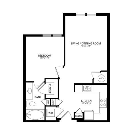 Floor plan for 1 bed, 1 bath, 697 sqft